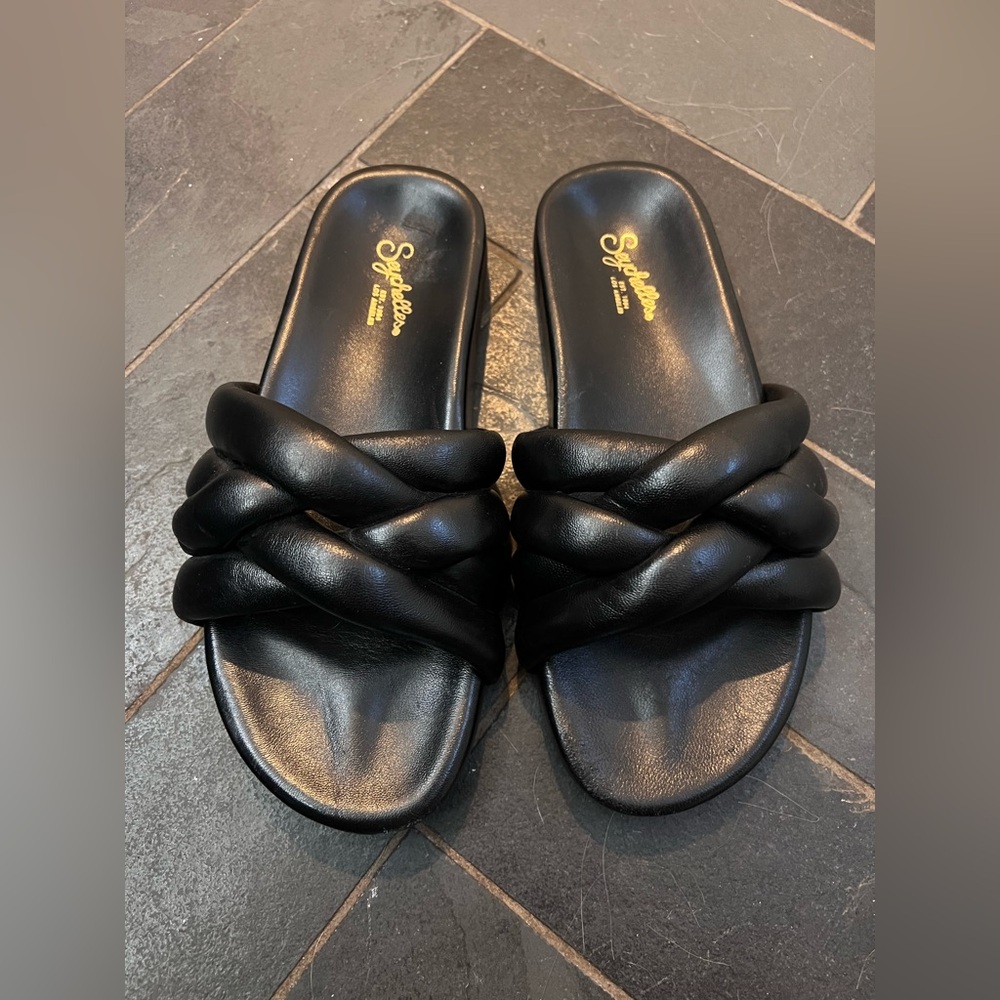 NWOT Seychelles Low Key Glow Up Sandals black leather slide braided crossover - Picture 3 of 7